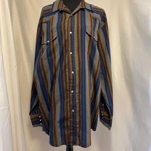 Wrangler Blue Brown Black Striped Flannel Western Shirt‎ Pearl Snaps